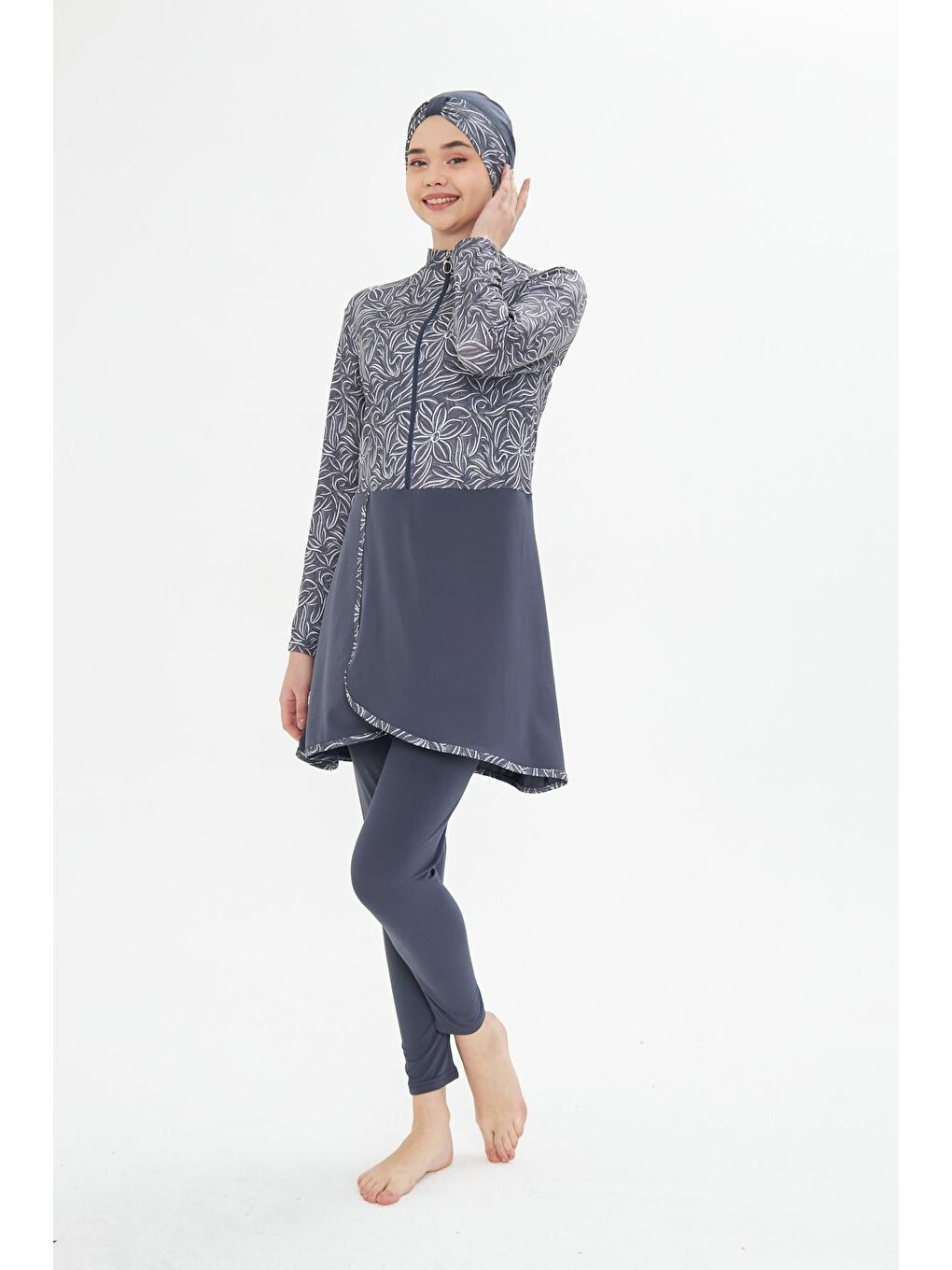 Tam Kapalı Elastanlı Desenli Etekli Tesettür Mayo Antrasit 3483-A-2