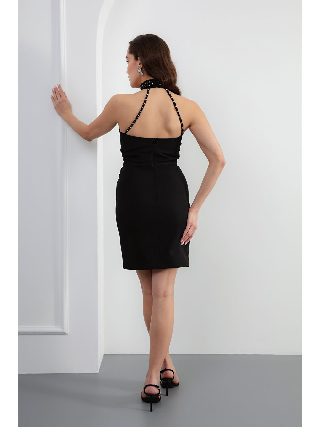 Kadın Siyah İncili Mini Abiye Elbise-4
