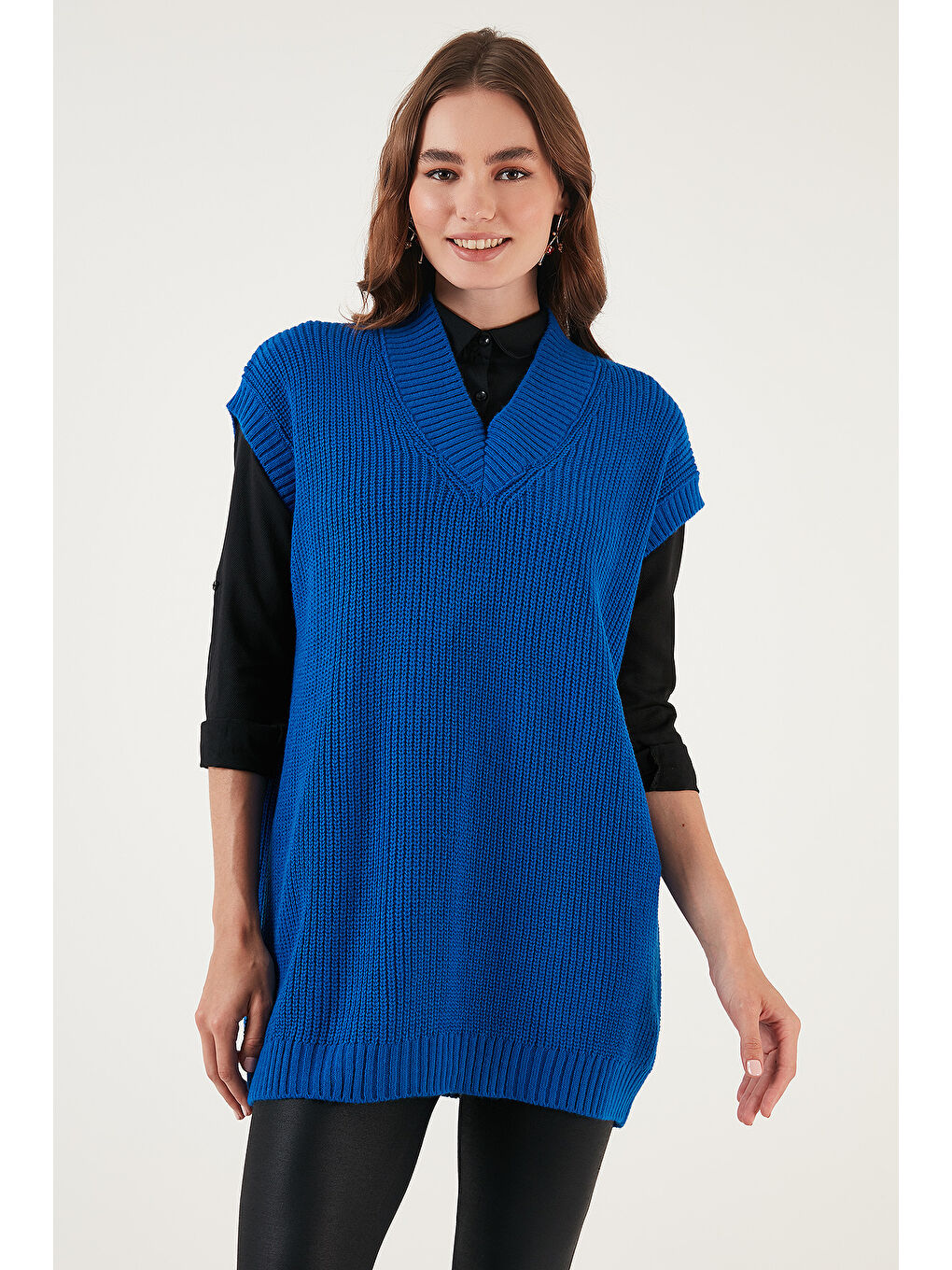 Mavi V Yaka Uzun Örme Kadın Süveter 4615062-5