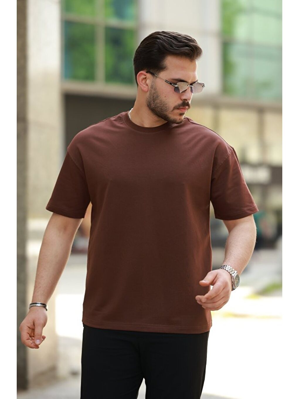 Kahverengi Erkek Kısa Kollu Basic Oversize Tshirt