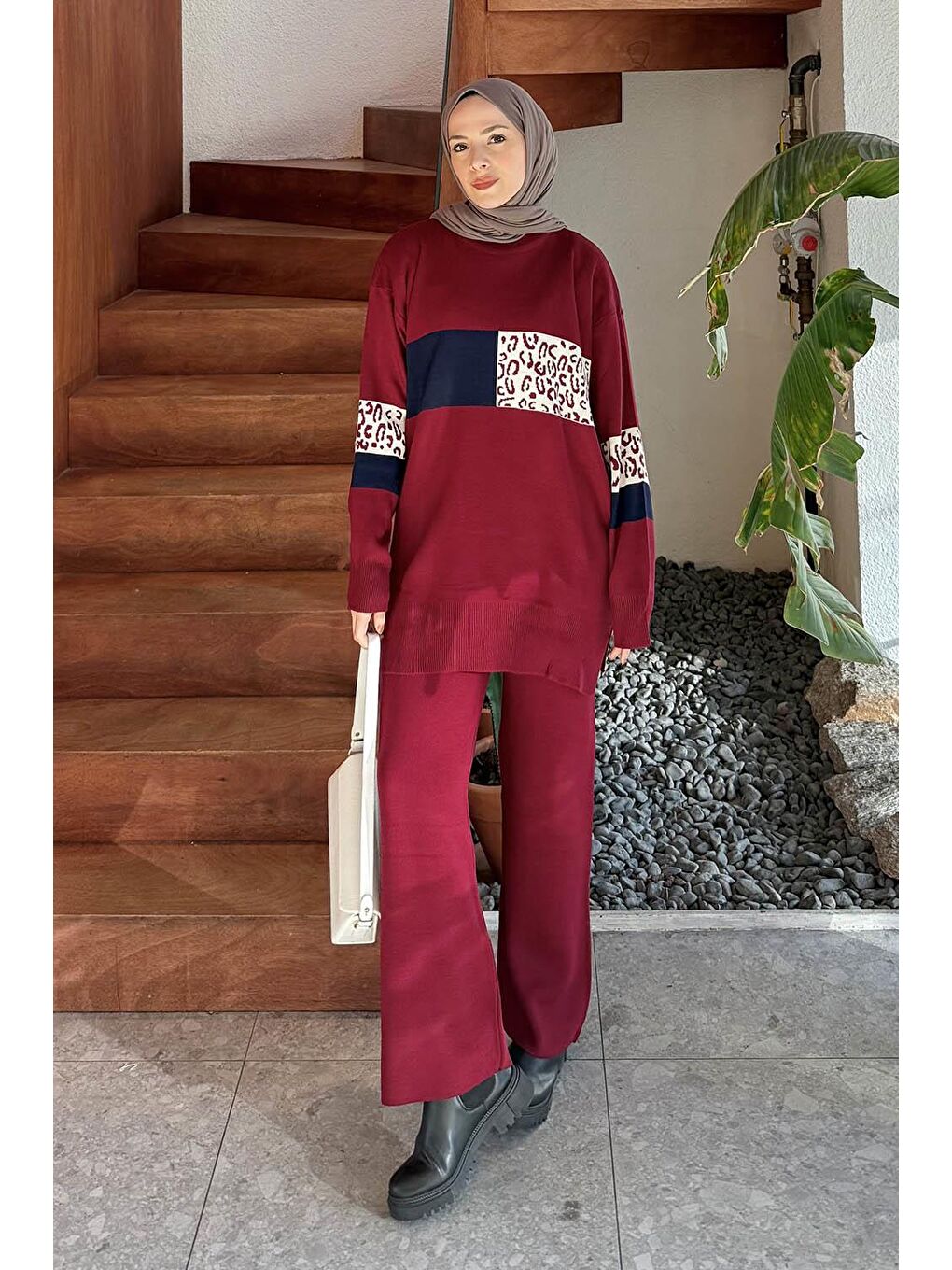 Desenli Triko Takım Bordo