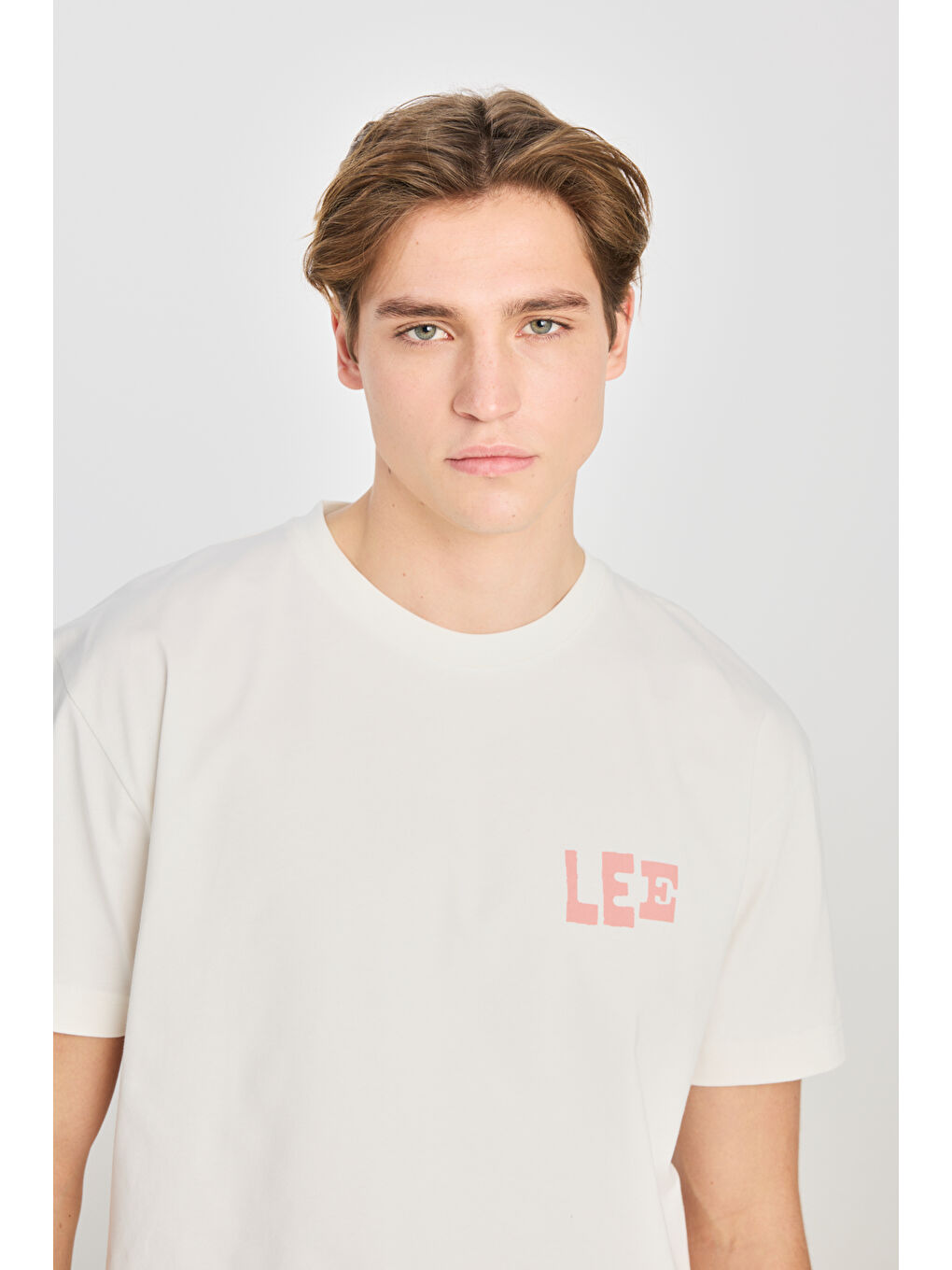 %100 Pamuk Relaxed Fit Geniş Kesim Bisiklet Yaka Ekru Tişört-3