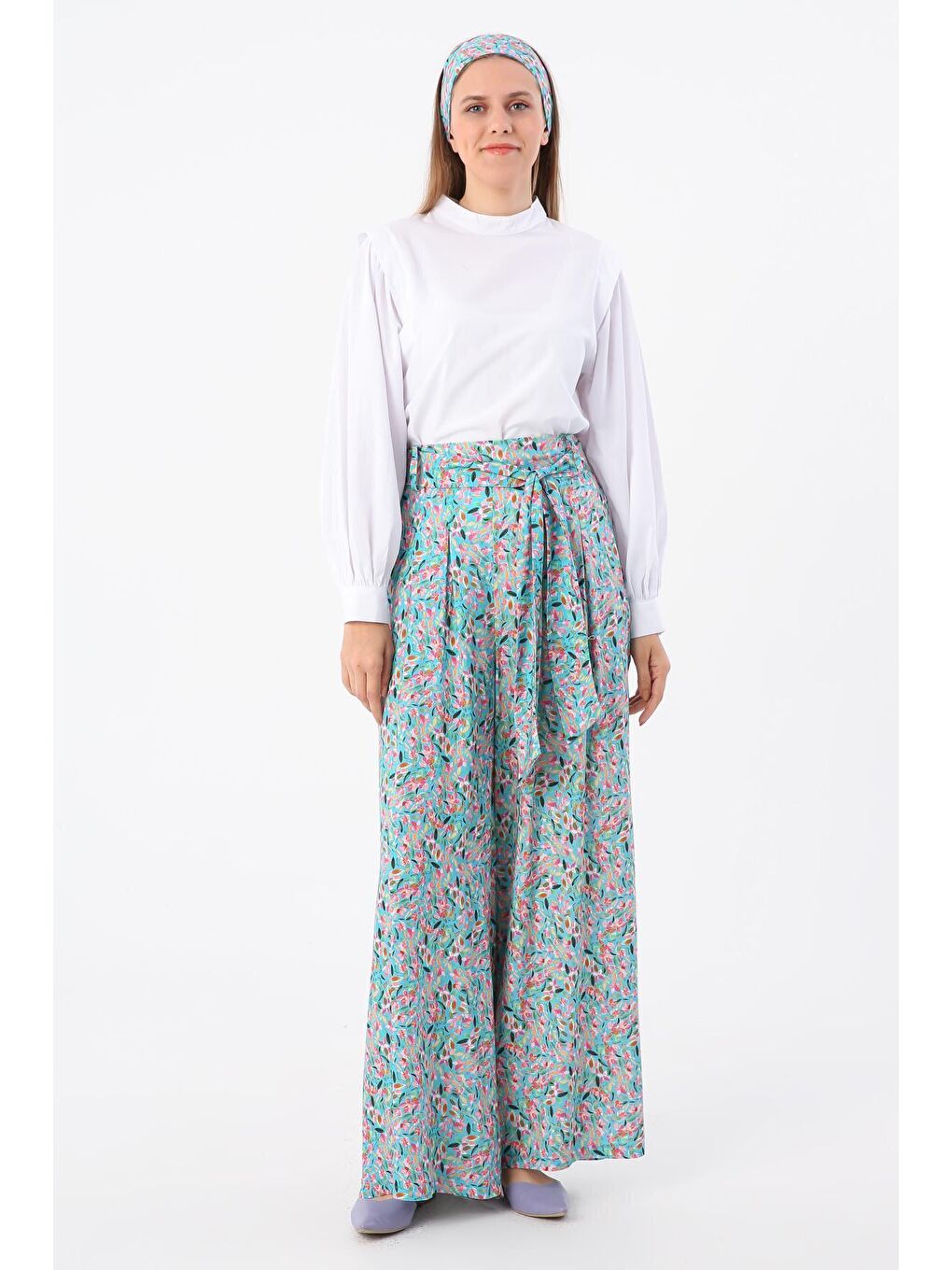 Turkuaz-Pembe Emprime Desenli Bol Paça Çift Pileli Kuşaklı Viskon Pantolon-1
