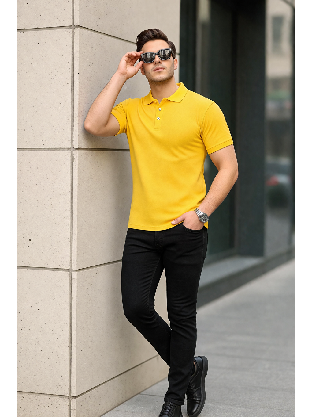 Sarı Erkek Kıvrılmaz Polo Yaka Cepsiz Slim Fit Dar Kesim Düz T-Shirt-4