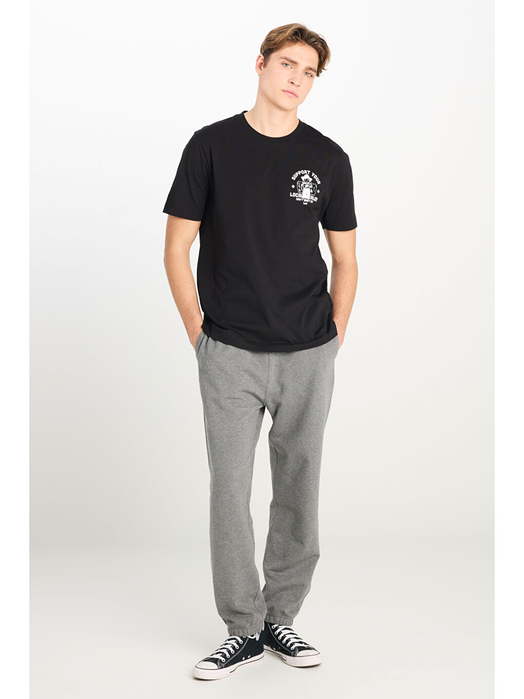 %100 Pamuk Regular Fit Normal Kesim Bisiklet Yaka Baskılı Siyah Tişört-2