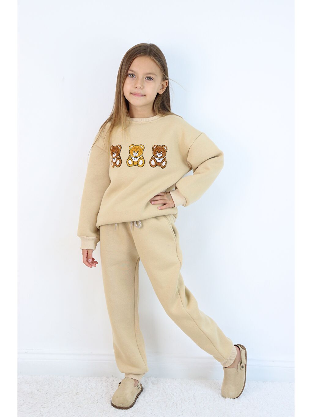 Ekru Kız Çocuk 3'lü Ayıcık Nakışlı 3 İplik Oversize Şardonlu Takım-7