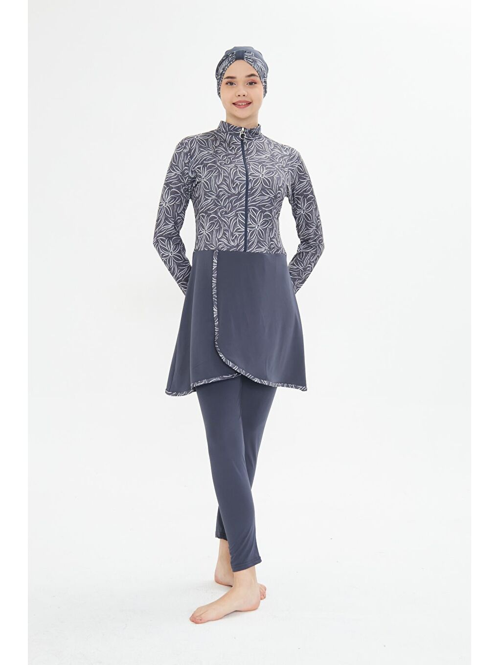 Tam Kapalı Elastanlı Desenli Etekli Tesettür Mayo Antrasit 3483-A-3