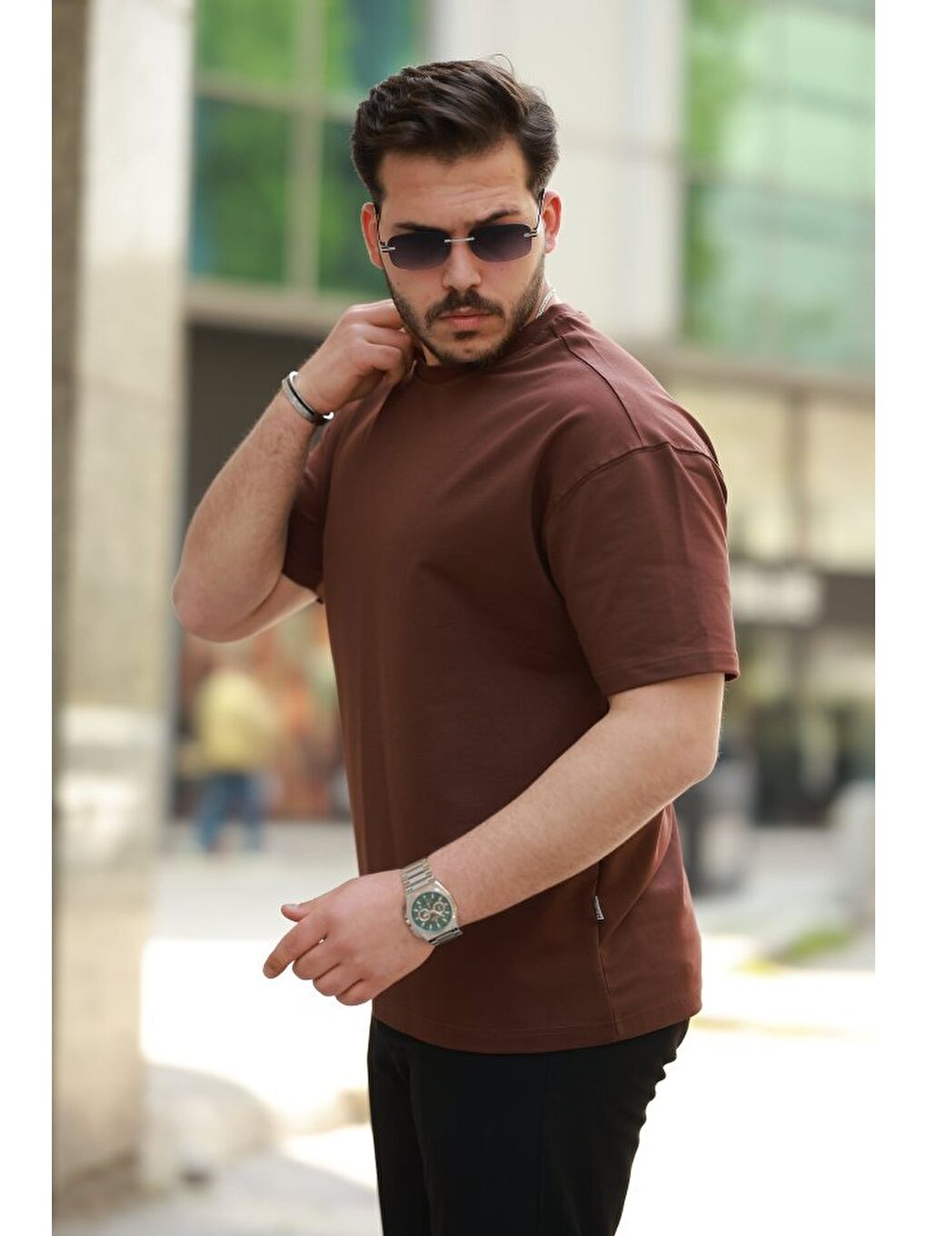 Kahverengi Erkek Kısa Kollu Basic Oversize Tshirt-1