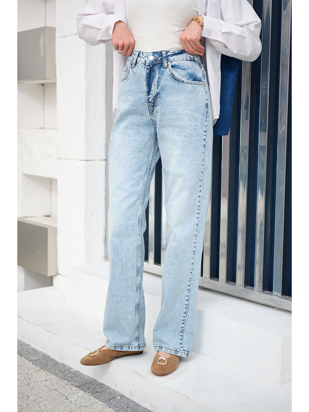 Kadın Kesik Paça Desen Jean Pantolon Buz Mavi-1