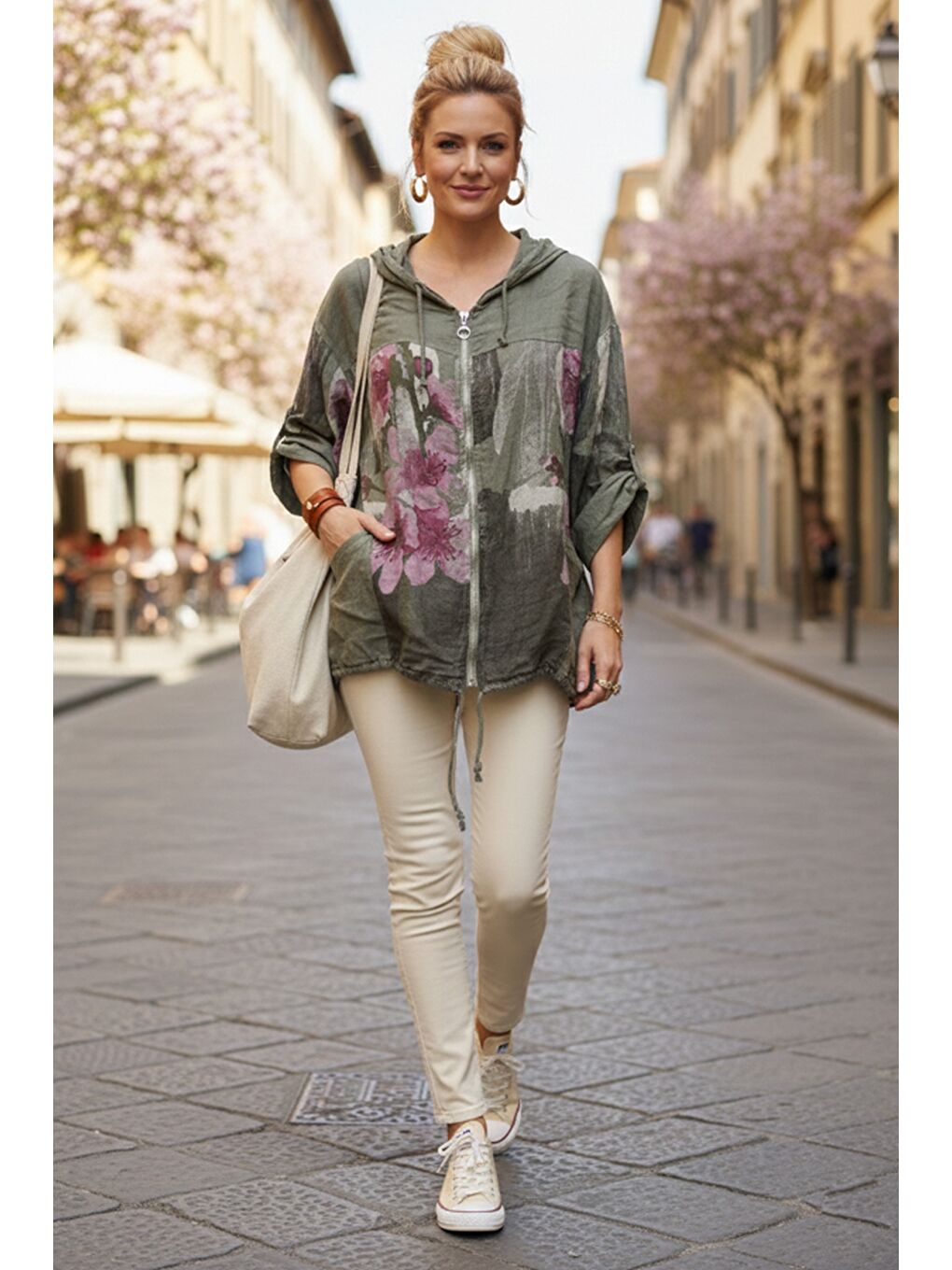 İtalyan Haki Kapüşonlu 3/4 Kol Fermuarlı Cepli Casual Keten Görünümlü Dokuma Ceket 68 65-5