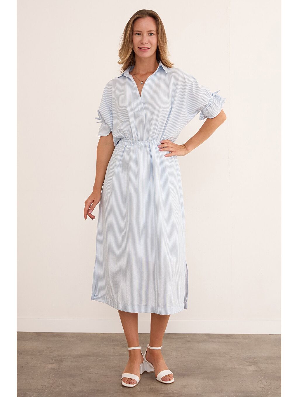 Mavi Çizgili Gömlek Yaka Beli Ve Kolu Lastikli Elbise-2