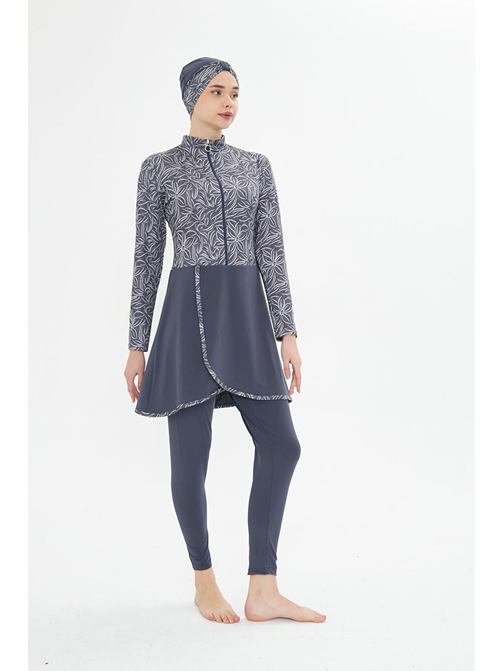 Tam Kapalı Elastanlı Desenli Etekli Tesettür Mayo Antrasit 3483-A-4