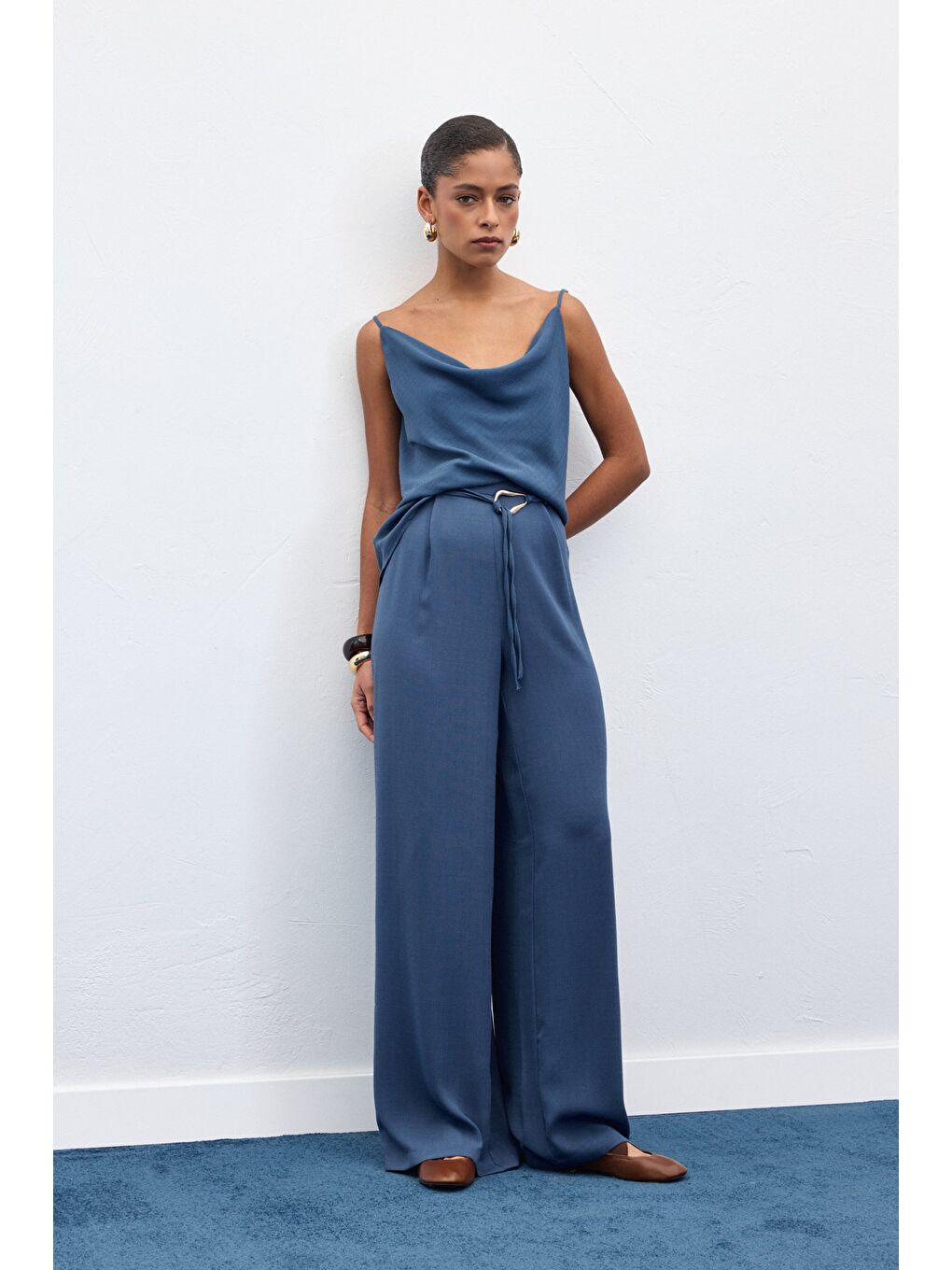 Kemerli Salaş Pantolon - İndigo-1