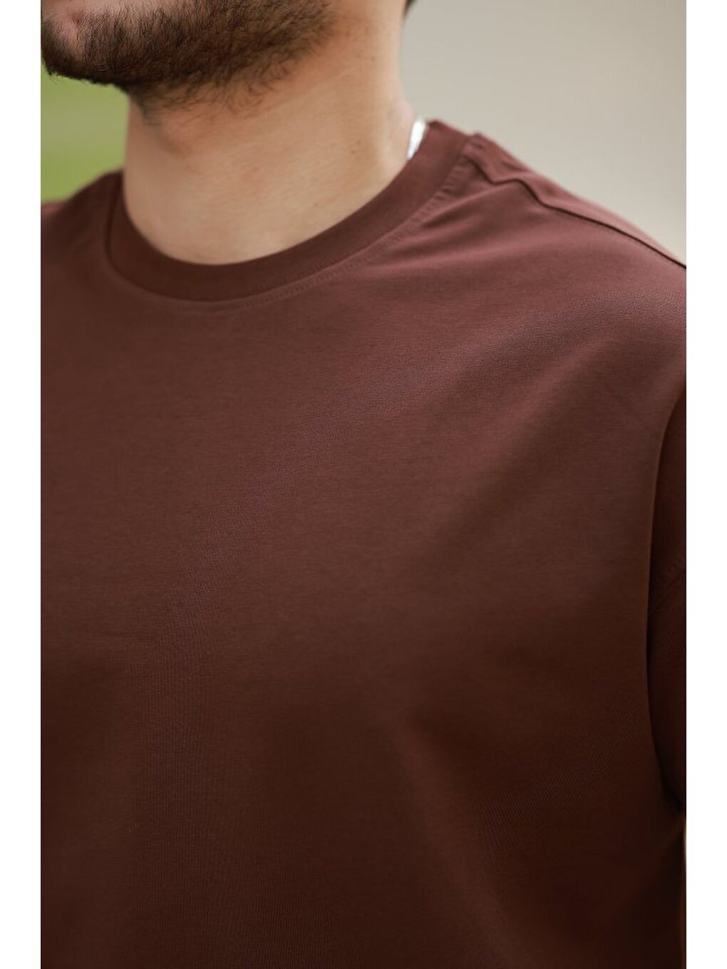 Kahverengi Erkek Kısa Kollu Basic Oversize Tshirt-2