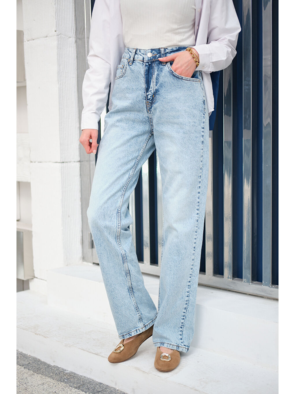 Kadın Kesik Paça Desen Jean Pantolon Buz Mavi-2