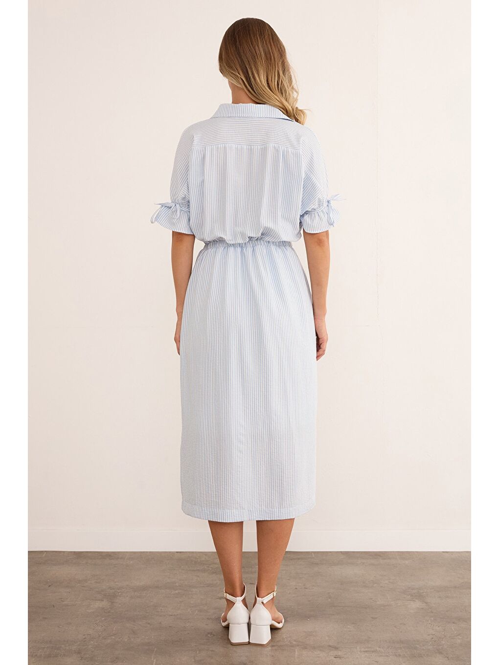 Mavi Çizgili Gömlek Yaka Beli Ve Kolu Lastikli Elbise-3