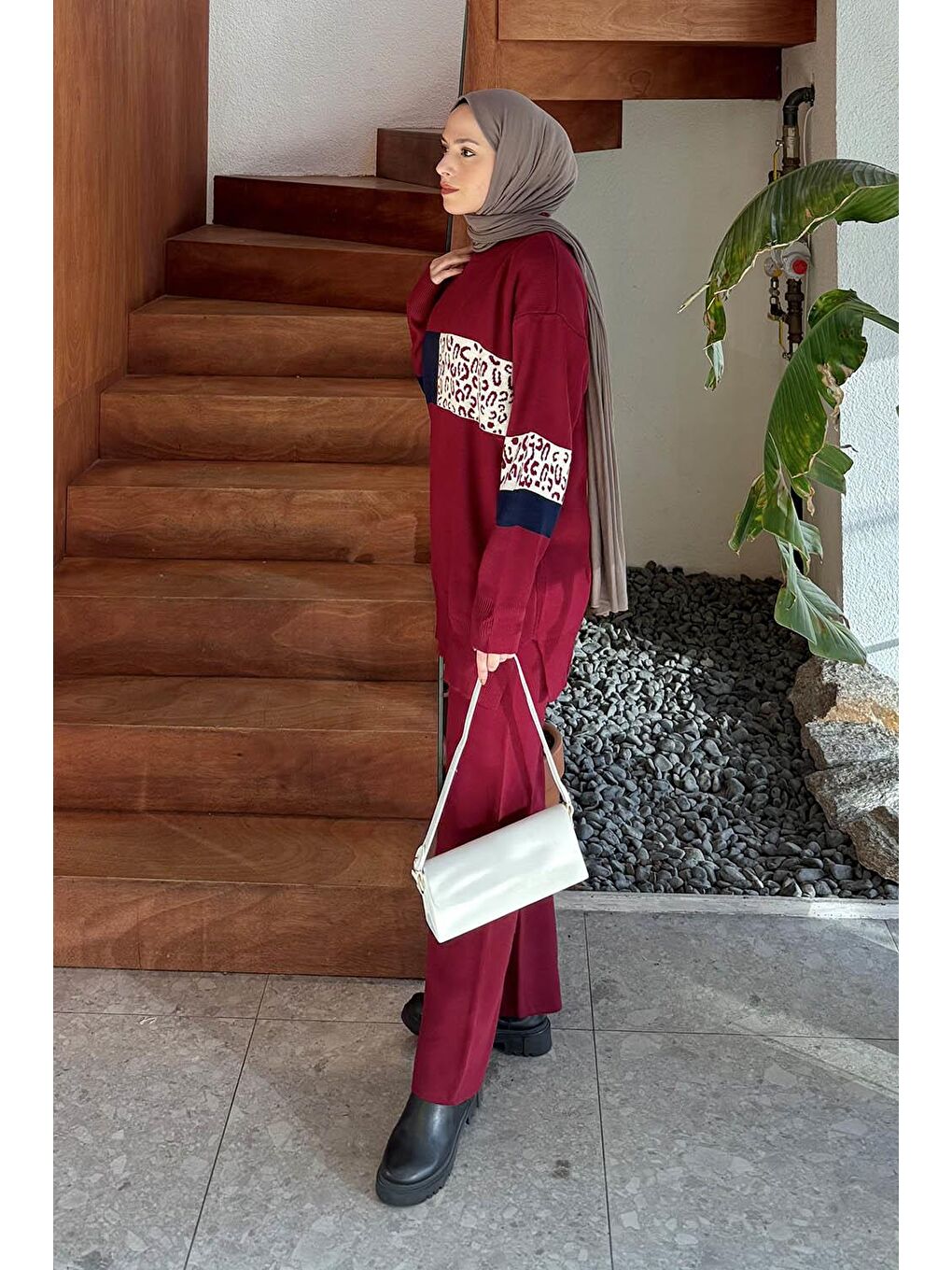 Desenli Triko Takım Bordo-1