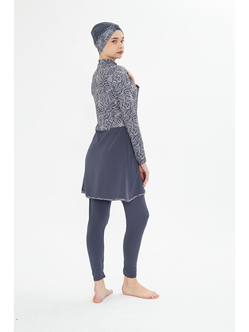 Tam Kapalı Elastanlı Desenli Etekli Tesettür Mayo Antrasit 3483-A-5