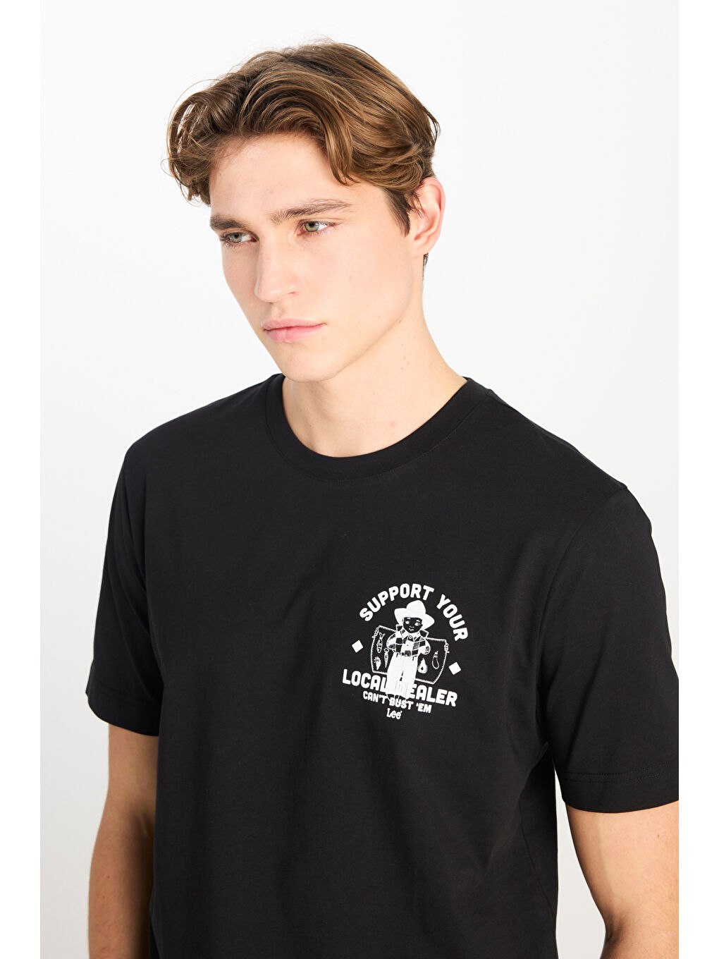 %100 Pamuk Regular Fit Normal Kesim Bisiklet Yaka Baskılı Siyah Tişört-3