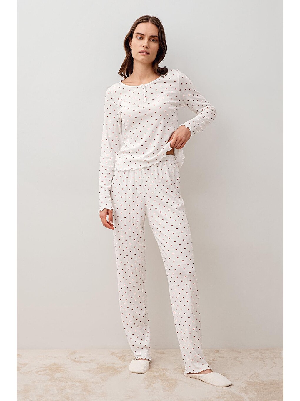 Renksiz Uzun Kollu Kalpli Düğmeli %100 Pamuk Pijama Takım 20205-1