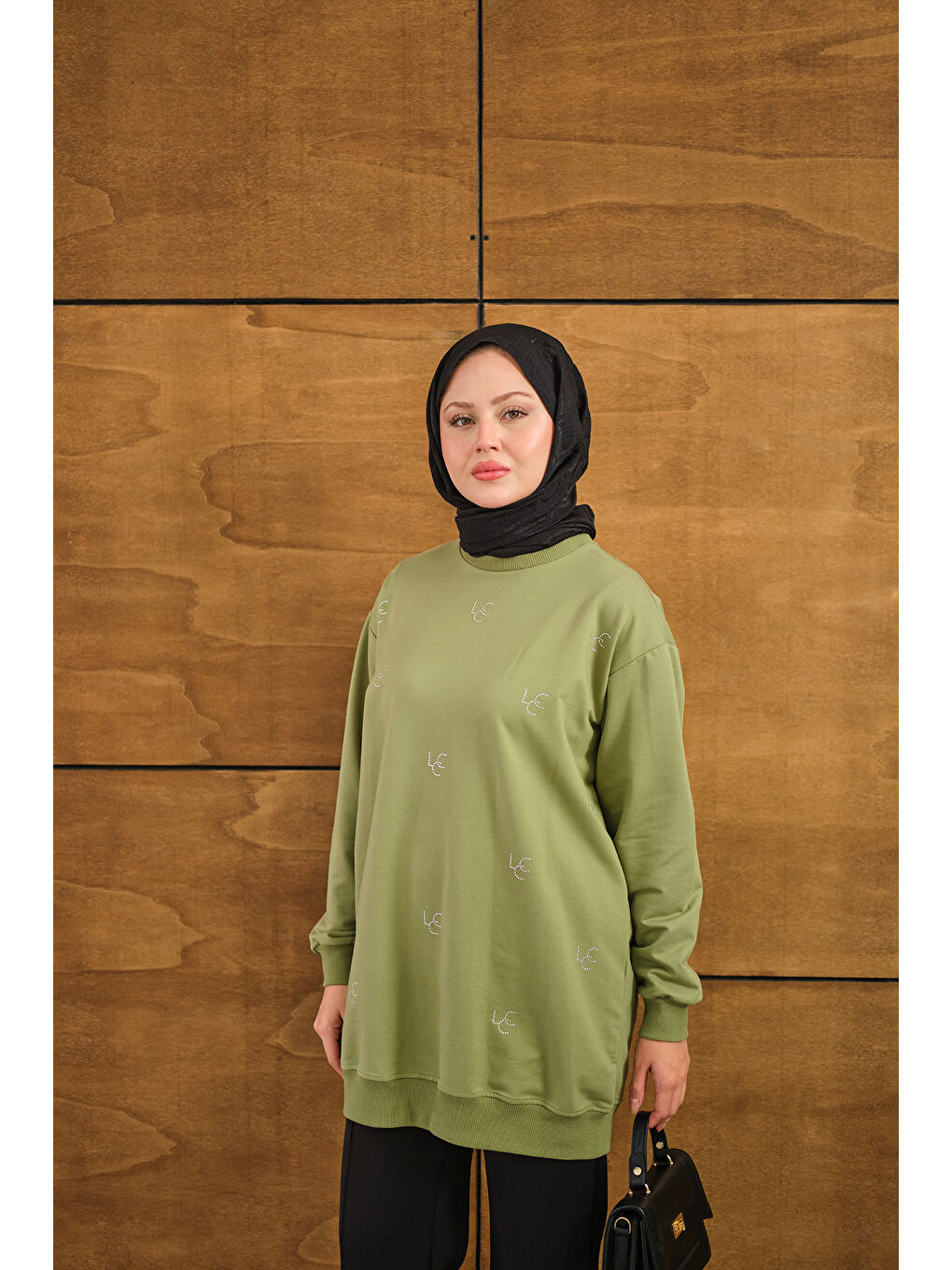 Kadın LCC Taş Detay Bisiket Yaka Sweat Yeşil-1