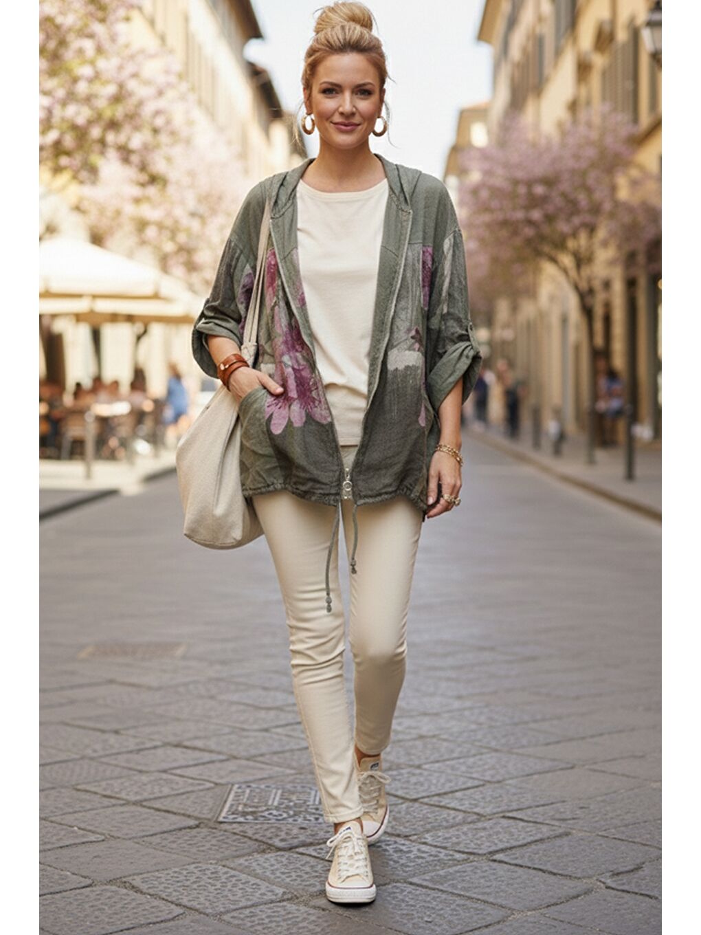 İtalyan Haki Kapüşonlu 3/4 Kol Fermuarlı Cepli Casual Keten Görünümlü Dokuma Ceket 68 65-6