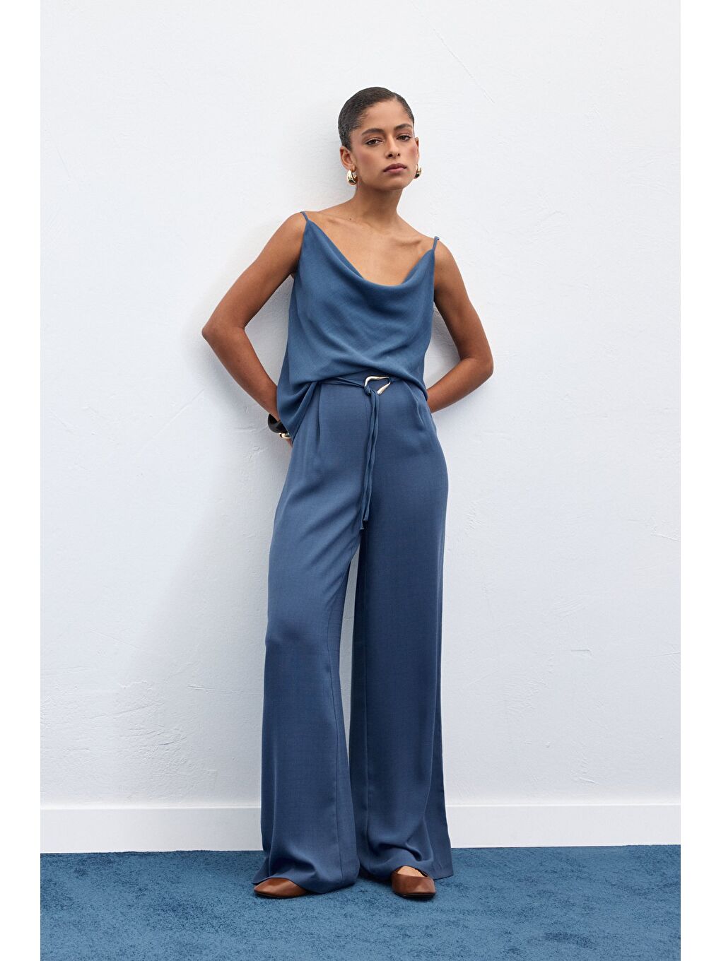 Kemerli Salaş Pantolon - İndigo-2