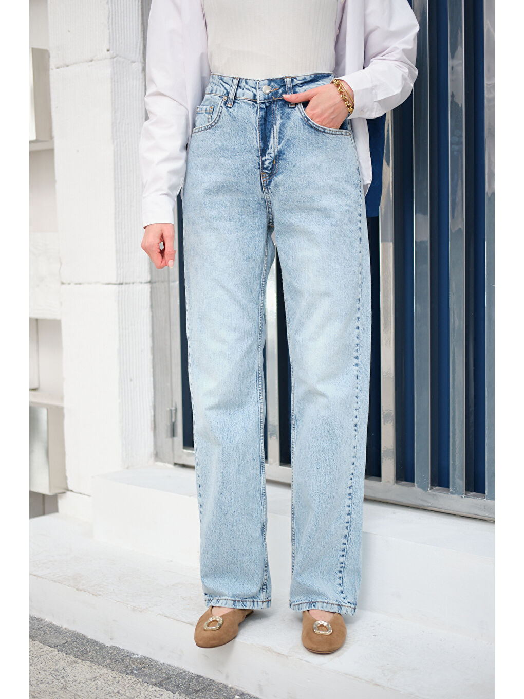 Kadın Kesik Paça Desen Jean Pantolon Buz Mavi-3