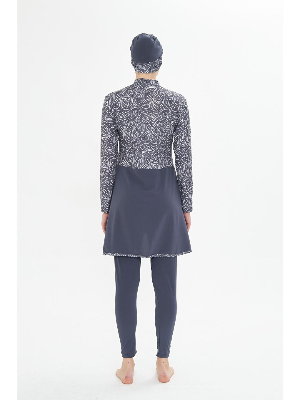 Tam Kapalı Elastanlı Desenli Etekli Tesettür Mayo Antrasit 3483-A-6