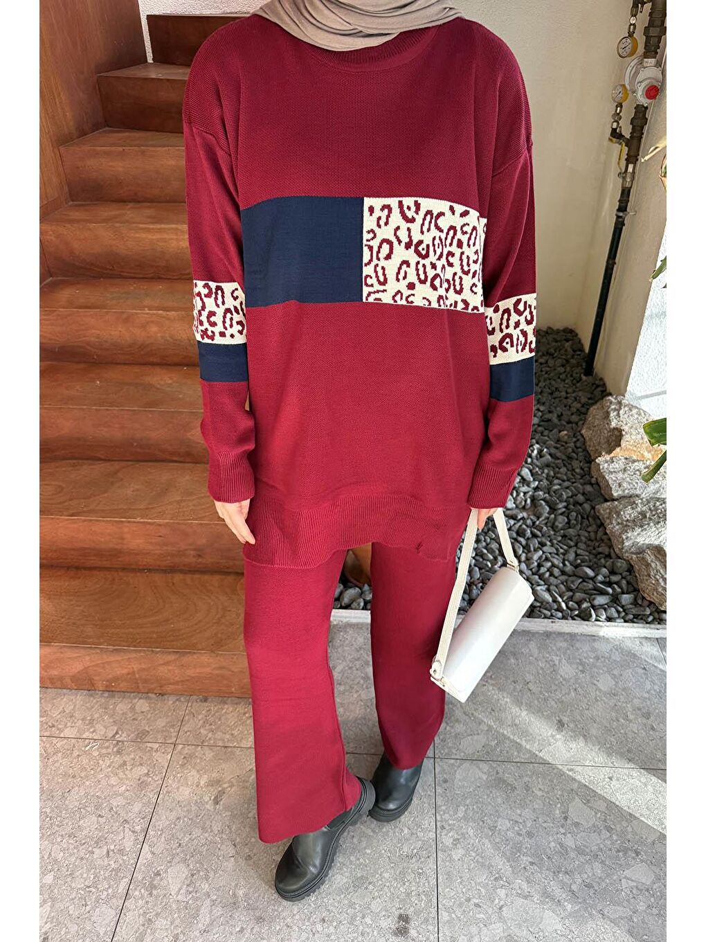 Desenli Triko Takım Bordo-2