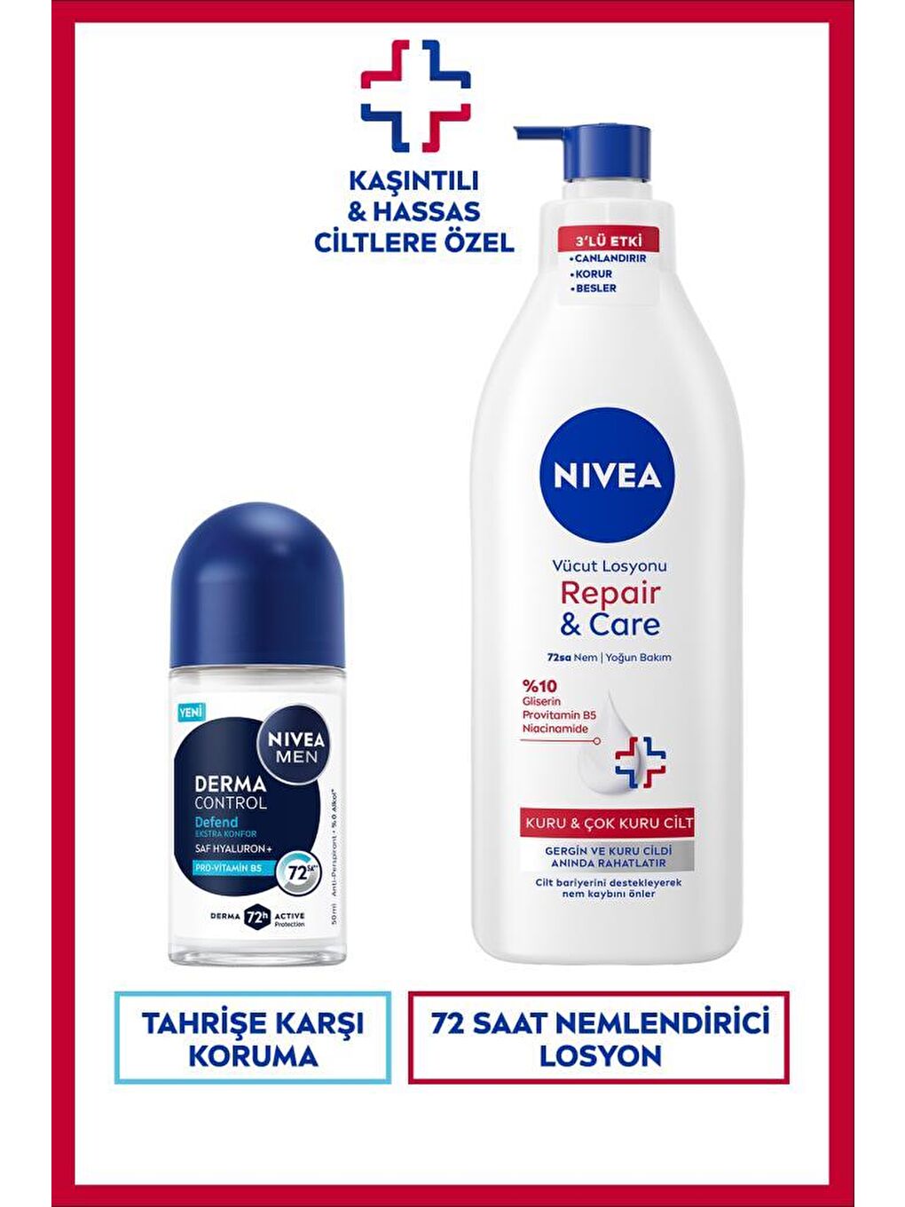 MEN Erkek Roll-on Deodorant Derma Control Defend 50ml ve Repair&Care Nemlendirici Vücut Losyonu