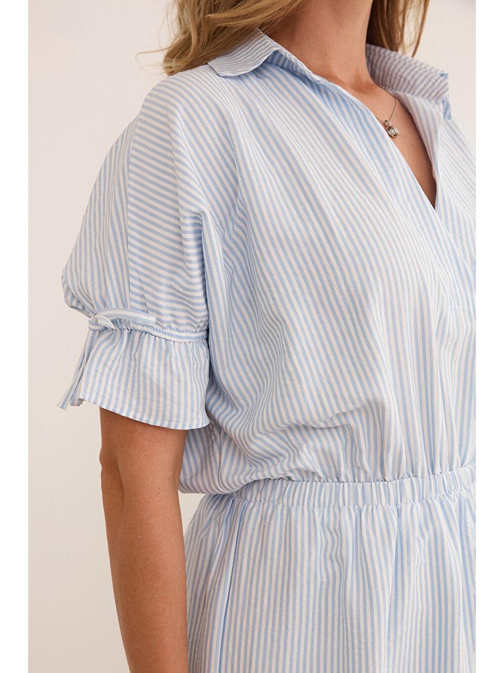 Mavi Çizgili Gömlek Yaka Beli Ve Kolu Lastikli Elbise-4