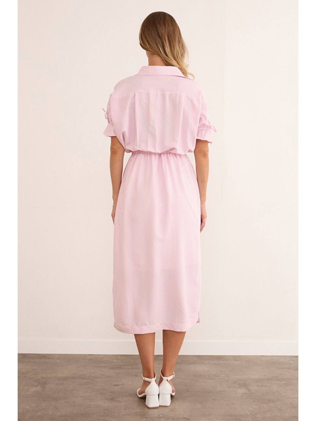 Pembe Çizgili Gömlek Yaka Beli Ve Kolu Lastikli Elbise-3