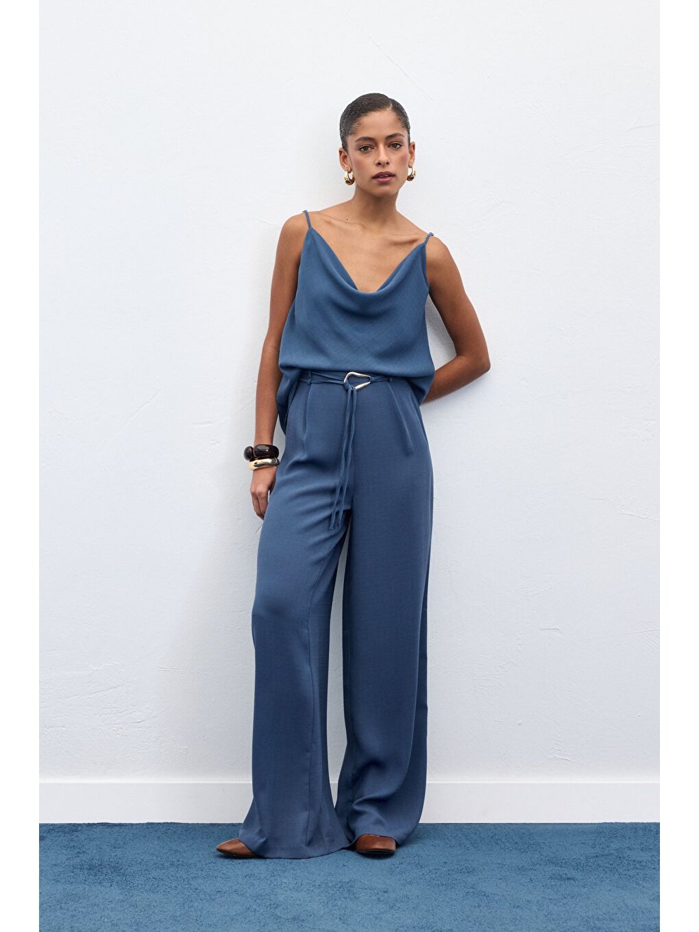 Kemerli Salaş Pantolon - İndigo-3