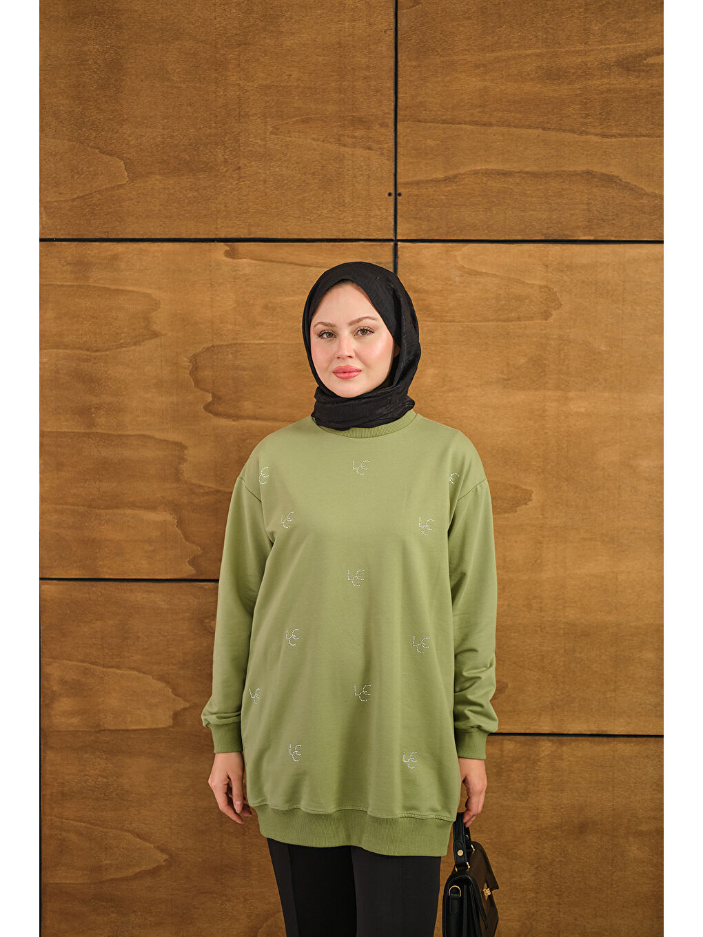 Kadın LCC Taş Detay Bisiket Yaka Sweat Yeşil-2