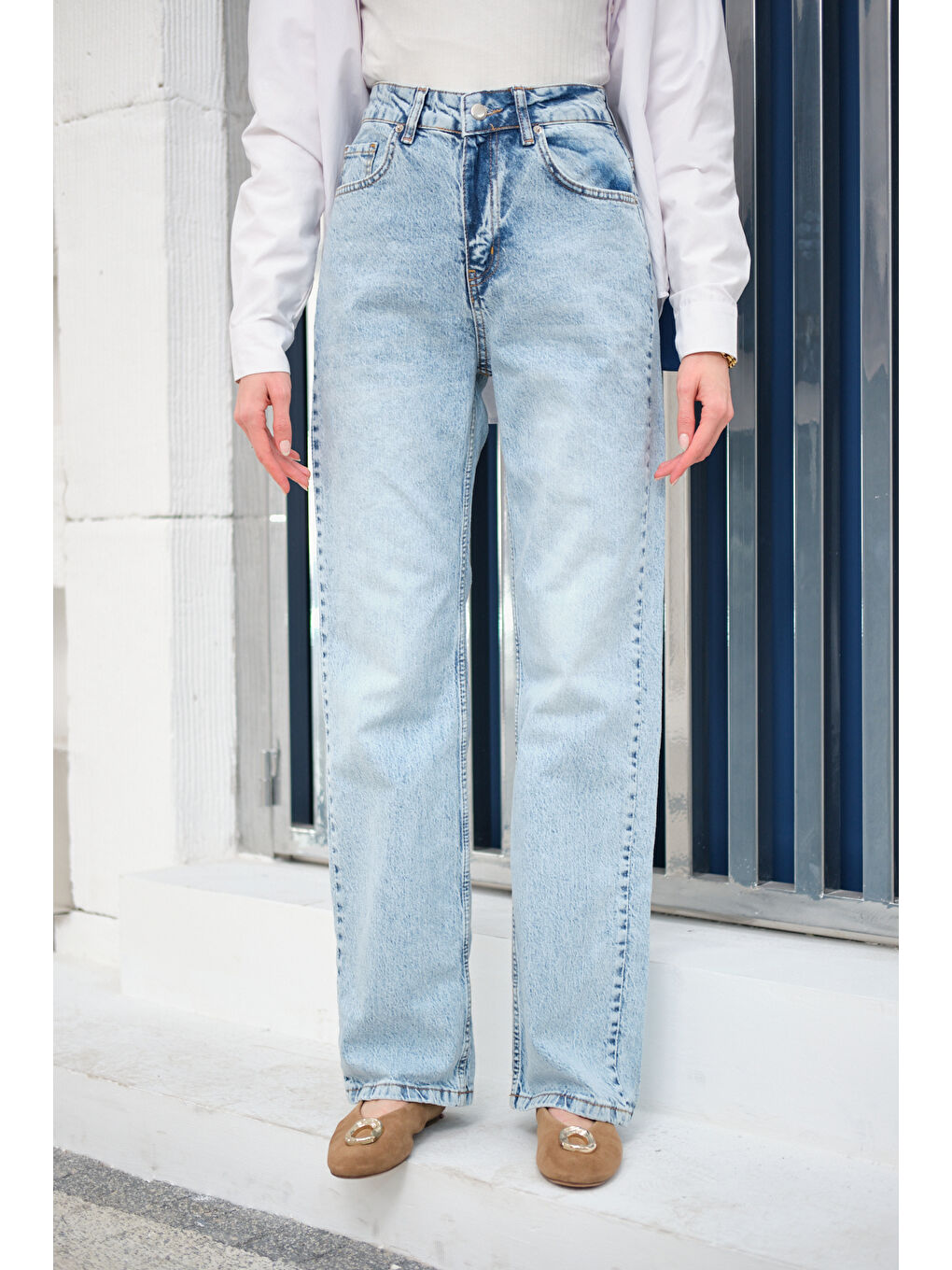 Kadın Kesik Paça Desen Jean Pantolon Buz Mavi-4