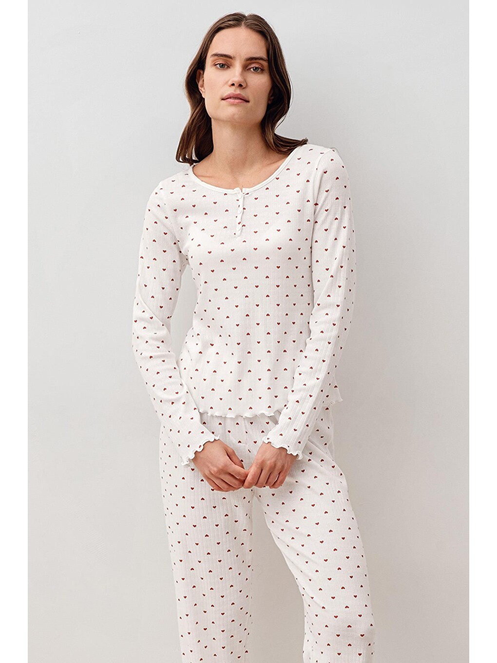 Renksiz Uzun Kollu Kalpli Düğmeli %100 Pamuk Pijama Takım 20205-3