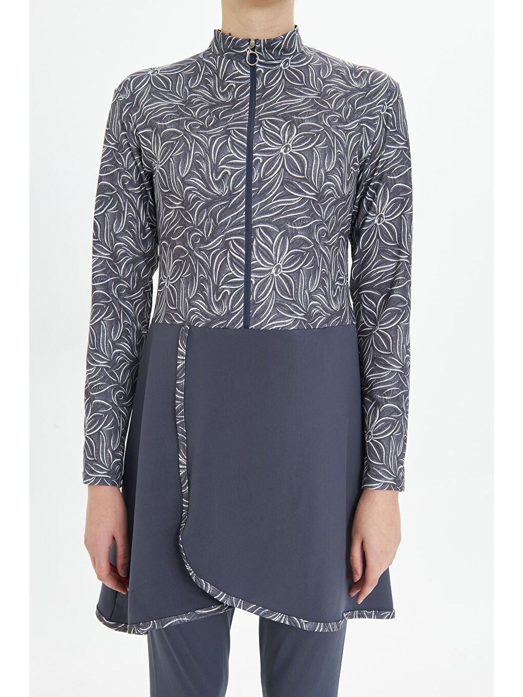 Tam Kapalı Elastanlı Desenli Etekli Tesettür Mayo Antrasit 3483-A-7