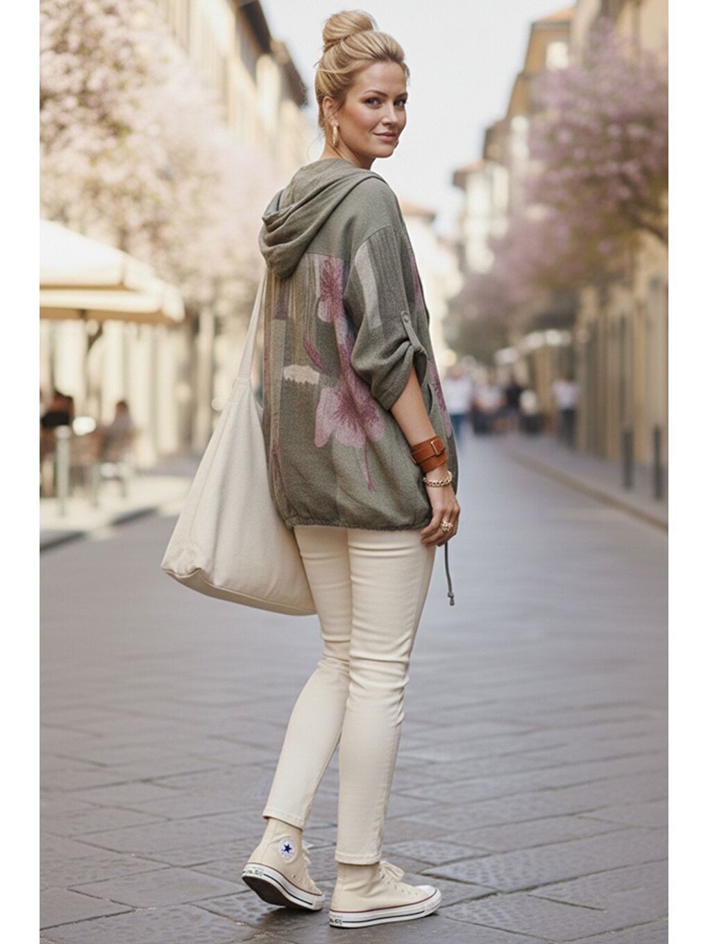 İtalyan Haki Kapüşonlu 3/4 Kol Fermuarlı Cepli Casual Keten Görünümlü Dokuma Ceket 68 65-7