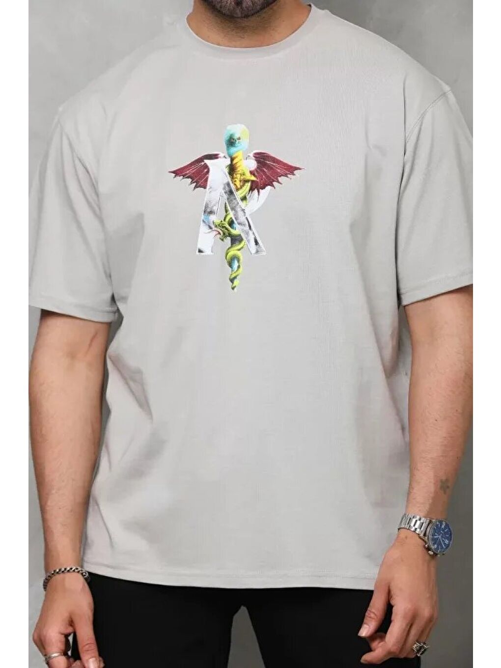 Unisex Bisiklet Yaka Baskılı Oversize T-Shirt - Gri-1