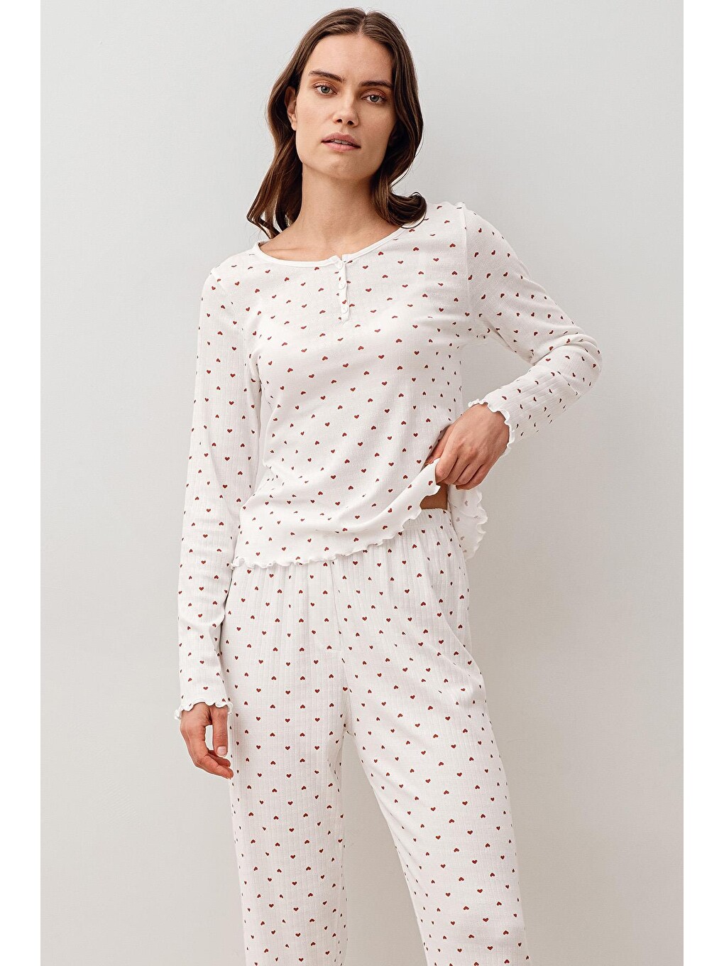 Renksiz Uzun Kollu Kalpli Düğmeli %100 Pamuk Pijama Takım 20205-4