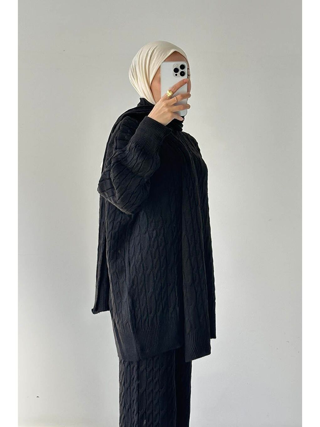 Atkılı Örülü Tesettür Takım Siyah-1