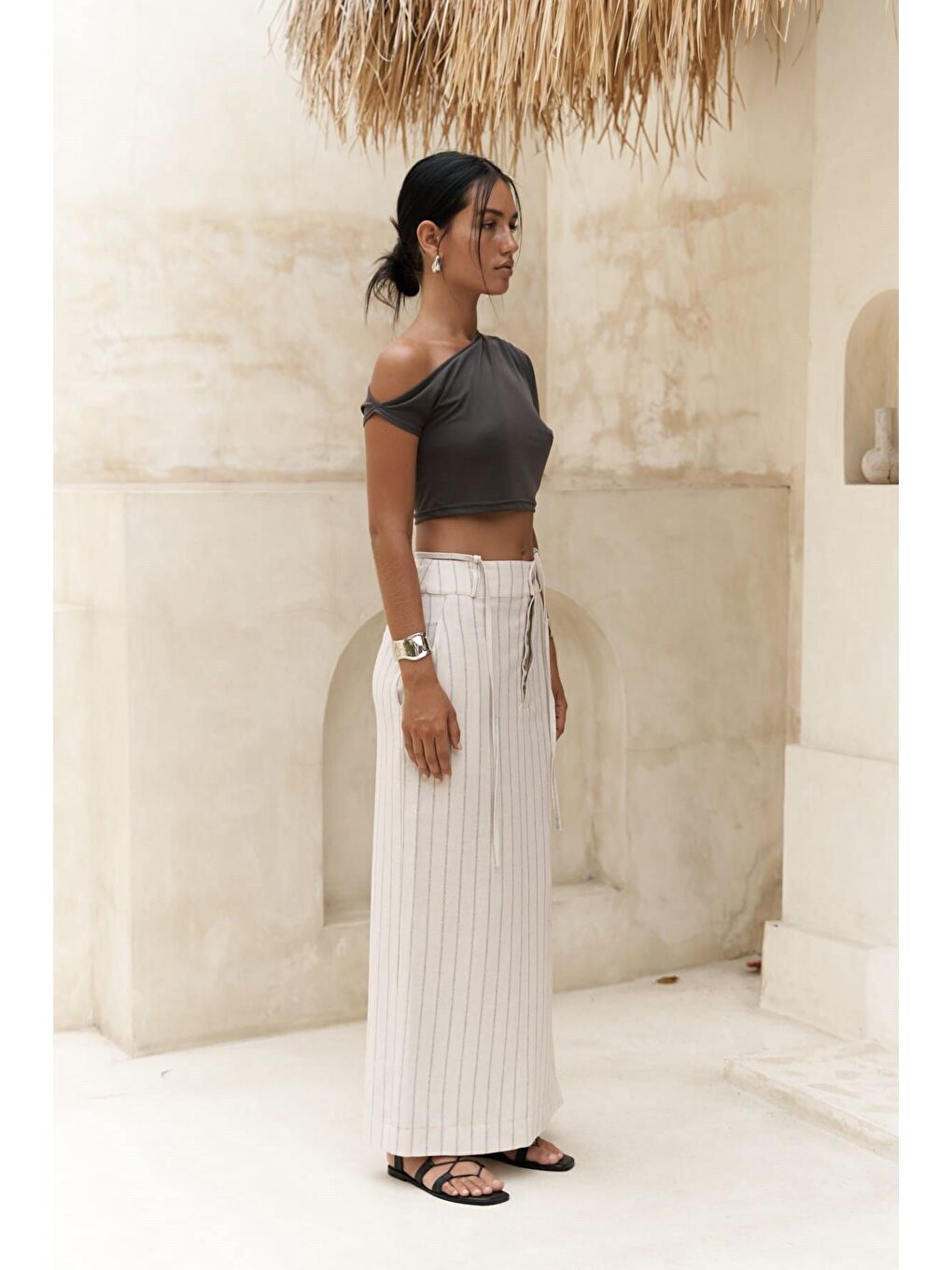 Arya Füme Çizgili Bej Etek-2