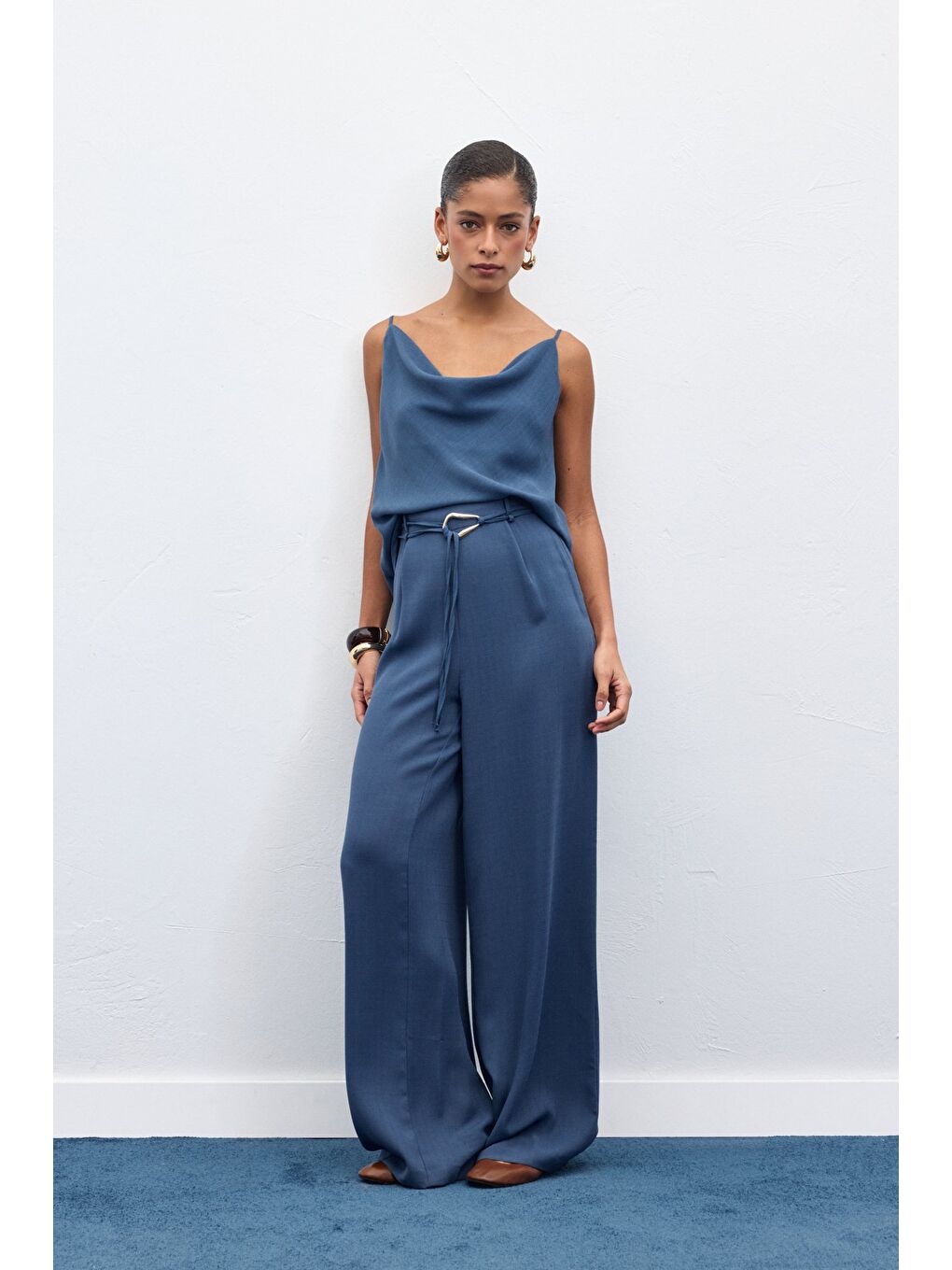 Kemerli Salaş Pantolon - İndigo-4