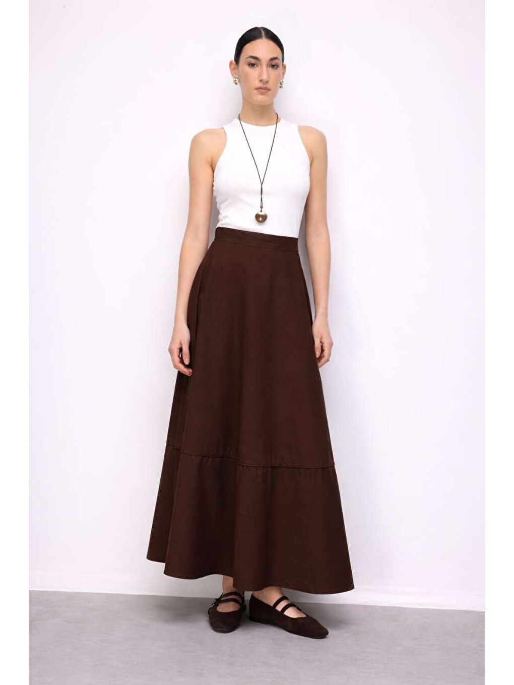 Pamuklu Evaze Volanlı Maksi Kahverengi Etek