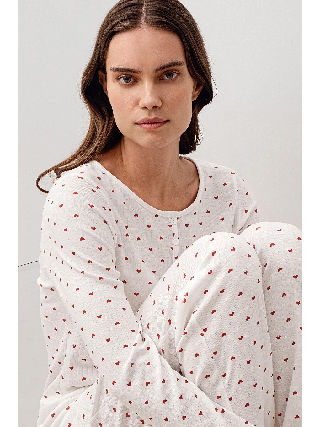 Renksiz Uzun Kollu Kalpli Düğmeli %100 Pamuk Pijama Takım 20205-5