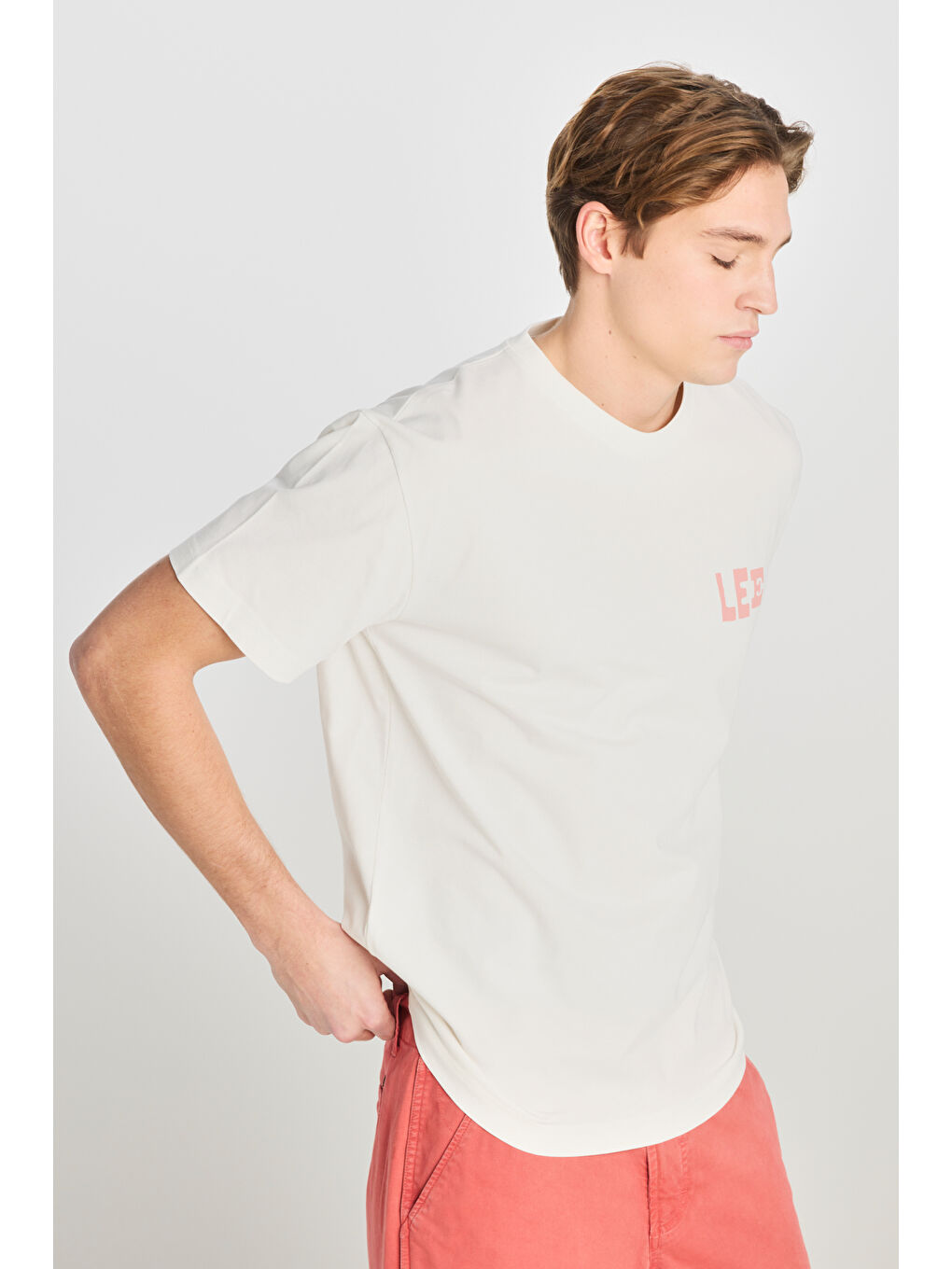 %100 Pamuk Relaxed Fit Geniş Kesim Bisiklet Yaka Ekru Tişört-5