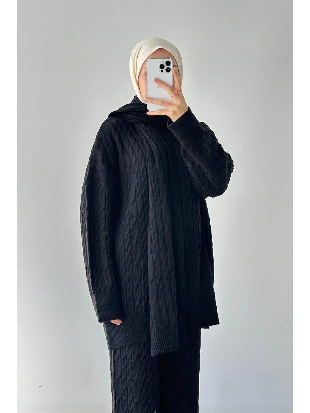 Atkılı Örülü Tesettür Takım Siyah-2