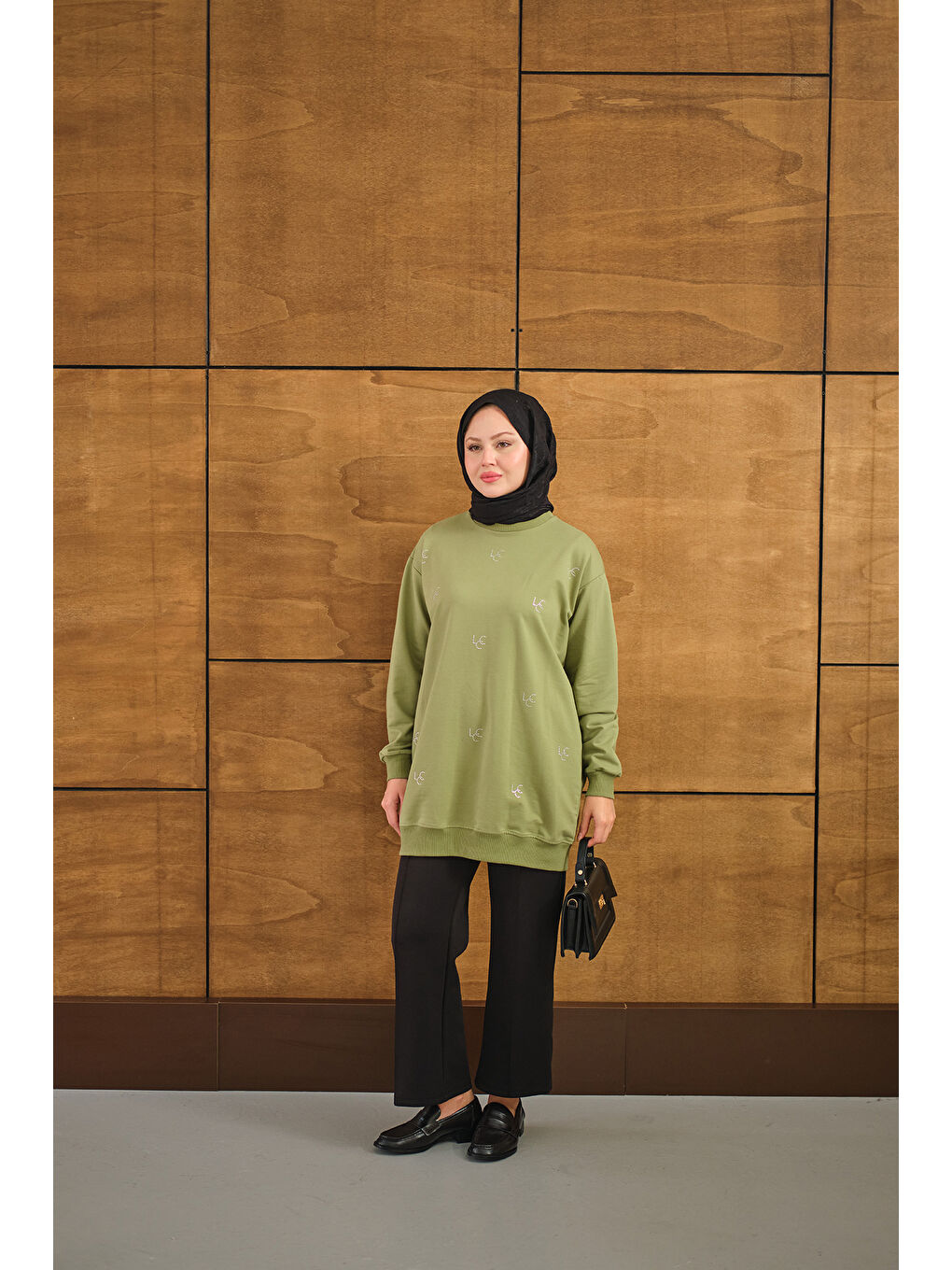 Kadın LCC Taş Detay Bisiket Yaka Sweat Yeşil-3