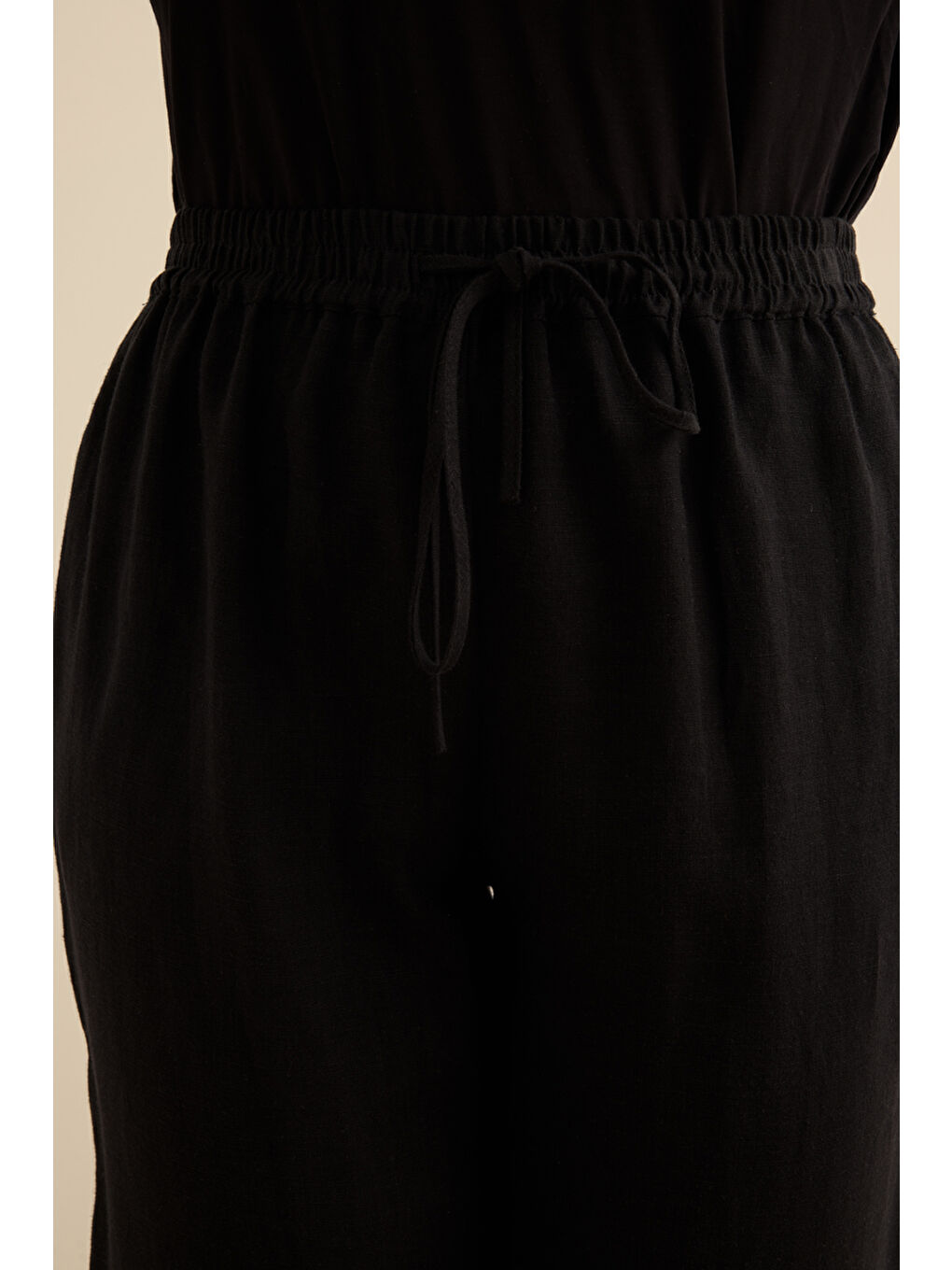 Siyah Beli Lastikli Keten Pantolon-4